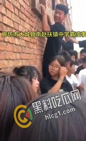 校园欺凌!河北廊坊大城县南赵扶镇某中学 几十个学生起哄狂扇女生耳光 可怜的女生只能缩在墙边任人宰割-3